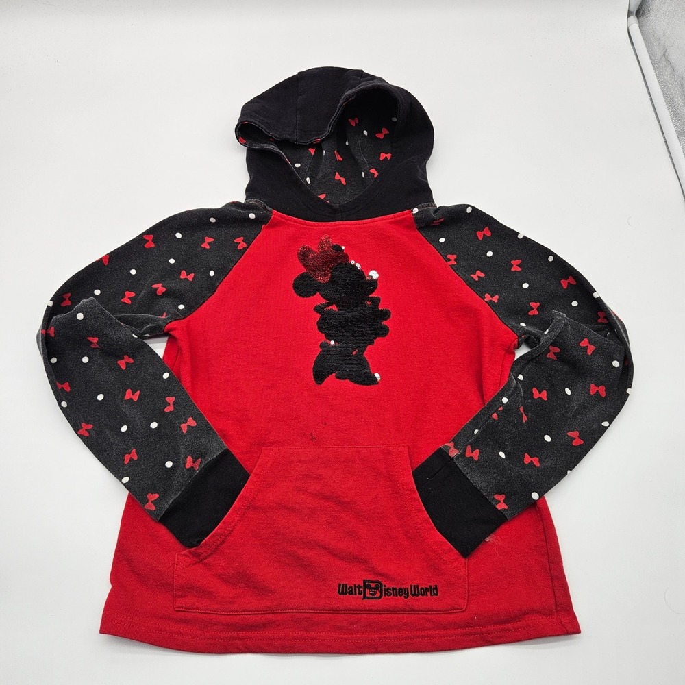 Disney Minnie Mouse Sequin‎ Hoodie Girls XL Red Black Bow Walt Disney World